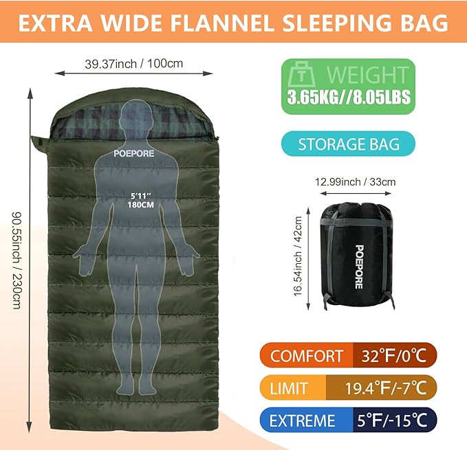 0 Degree Sleeping Bag 100% Cotton Flannel XXL Cold Weather Winter Oversized Sleeping Bag for Adults Camping Zero Degree Big and Tall with Compression Sack
