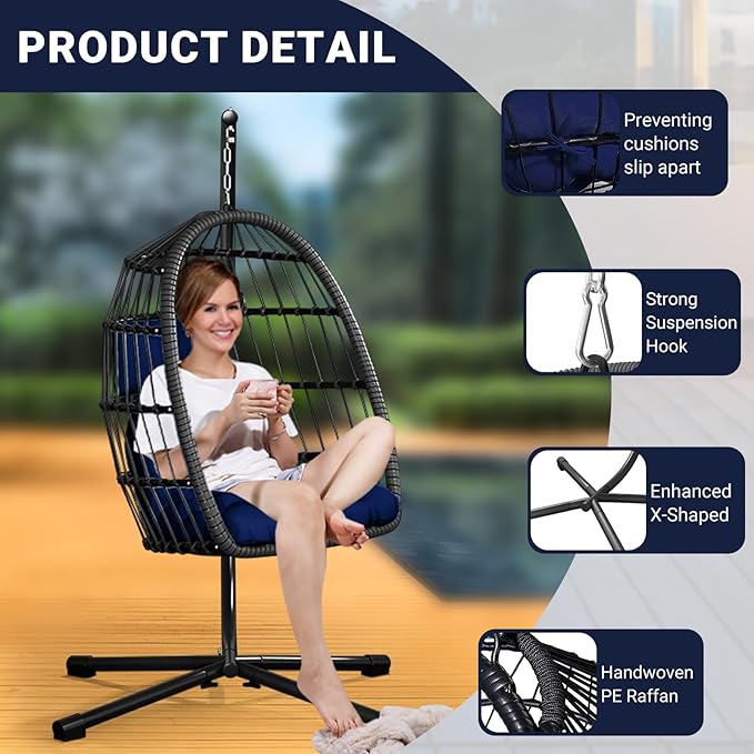 Egg Chair with Stand,Patio Rattan Wicker Hanging Swing Egg Chair Hammock Chair for Bedroom Porch Garden,Thickened Aluminum Alloy Steel Frame and UV Resistant Cushion,350LBS Capacity