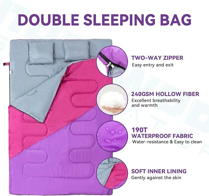 Double Sleeping Bag for Adults Kids - Lightweight 2 Person Sleeping Bag with Pillow, Queen Size Waterproof Camping Sack Two Person for Girls, Boys, Youths, Teens, Compact for Cold Weather & Warm