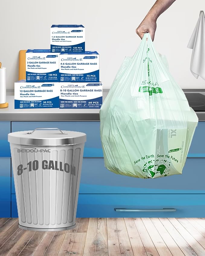 8-10 Gallon Compostable Trash Bags, 60 Count - Kitchen & Food Scrap Waste Bags, Sturdy & Biodegradable, ASTM D6400, US BPI Certified