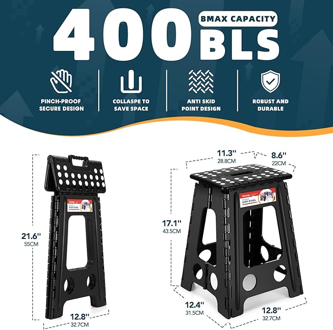ACSTEP Folding Step Stool 17.5 Inch Heavy Duty Step Stool Foldable for Adults and Kids, Collapsible Stepping Stool with Handle, Non Slip Folding Stools for Kitchen Hold Up to 400lbs (Black 1PC)