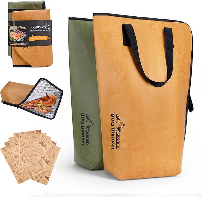 WADEO Large 2 pack BBQ Blanket for Resting Meat, 21inch BBQ Insulated Smoked Meat Resting Bag Butcher Paper Set, Barbecue Brisket Meat Blanket with Wide Mouth for Beef Pork Turkey(Green Brown)
