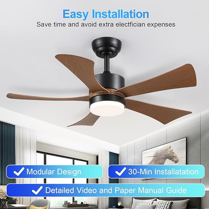 42 inch Ceiling Fans with Lights, Modern Ceiling Fan with Remote Control App, DC Motor Quiet, 3CCT Dimmable Memory, Led Sloped Flat Ceiling Fan with Light for Bedroom Indoor&Outdoor Patio Wood Brown