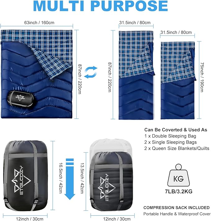 Double Sleeping Bag for Adults Kids, XL Queen Size 2 Person All Season for Warm & Cold Weather, Lightweight Compact with Compression Sack Camping Essentials for Backpacking Hiking