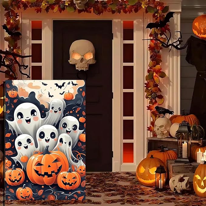 Halloween Garden Flag for Outside 12x18 Inch Double Sided, Ghost Pumpkin Small Yard Flags for Outside, Outdoor Welcome Flag Front Porch Decorations for Home