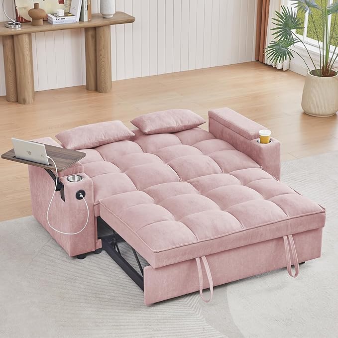 65'' 3-in-1 Folding Convertible Sofa Bed, Queen Size Pullout Sofa, Modern Chenille Fabric, 360° Swivel Side Table, Easy Assembly, Perfect for Living Room