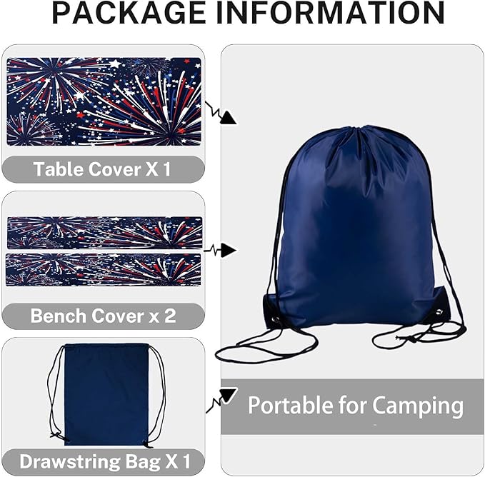 CAPSCEOLL Picnic Table Cover with Bench Covers 8Ft 4Th of July Waterproof Camping Tablecloth All-Weather Outdoor Table Protector with Drawstring Bag for Camping Essentials, 96X30In, Fireworks