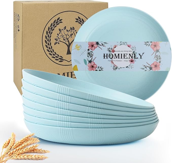 Homienly Wheat Straw Plates, Salad Plates 10 inch Set of 8, Reusable Plates for Kitchen, Kids, Camping, Picnic, Party, Microwave and Dishwasher Safe Plate Set for Kids - Light Blue