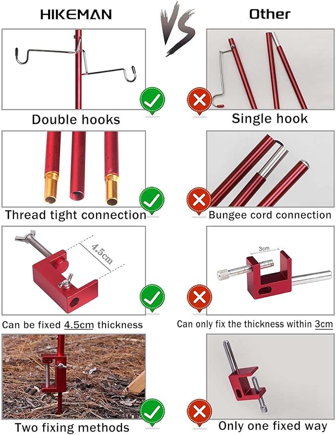 HIKEMAN Folding Lantern Stand Pole Portable Lamp Stand Hook Collapasible Light Stand Holder for Camping Fishing Picnic BBQ Outdoor Activities (Red)