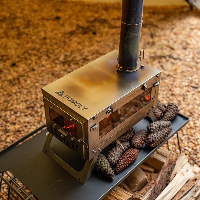 Camping Hot Tent Stove Wood Stove, POMOLY Ti Mini 0.6 Portable Lightweight Titanium Stove for Hiking, Cooking, Heating (Stove Pipe 6.56ft / 2m), Small, Slivery