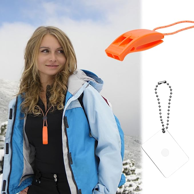 Eco-Fused 2X Survival Whistle and 2X Signal Mirror - Outdoor Survival Kit Rescue Flash Mirror - Clip-on Whistle with Lanyard - Backpacking, Camping, Marine Use, Outdoor Activities