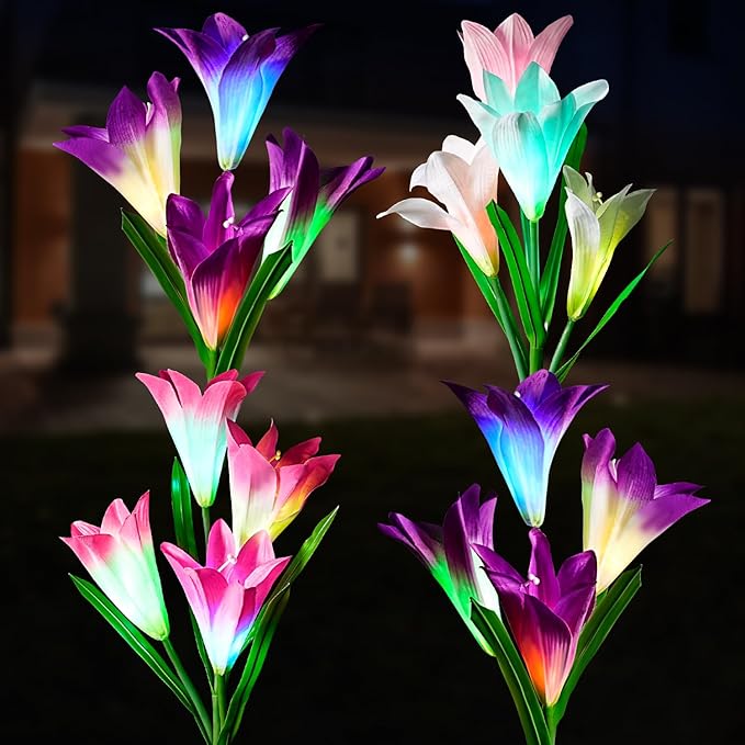 4 Pack Solar Garden Lights Outdoor, 7 Color Changing LED Powered Waterproof Lily Flowers Landscape Lights for Outside Yard, Patio, Pathway Decorative, Décor, Gifts