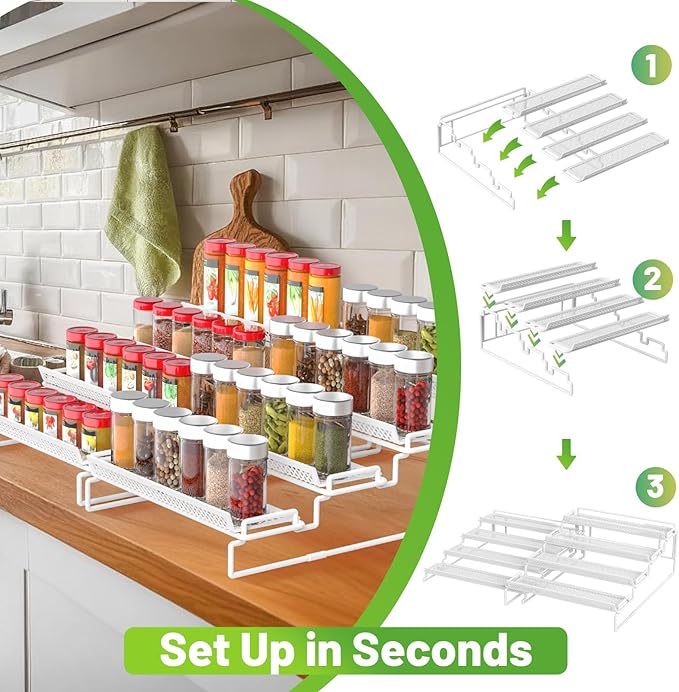4 Tier Spice Rack Organizer for Inside Cabinet Expandable Display Riser Shelf Seasoning Organizer for Countertop Cupboard Pantry Adjustable Step Storage Holder with Protection Railing (White, 2PC)