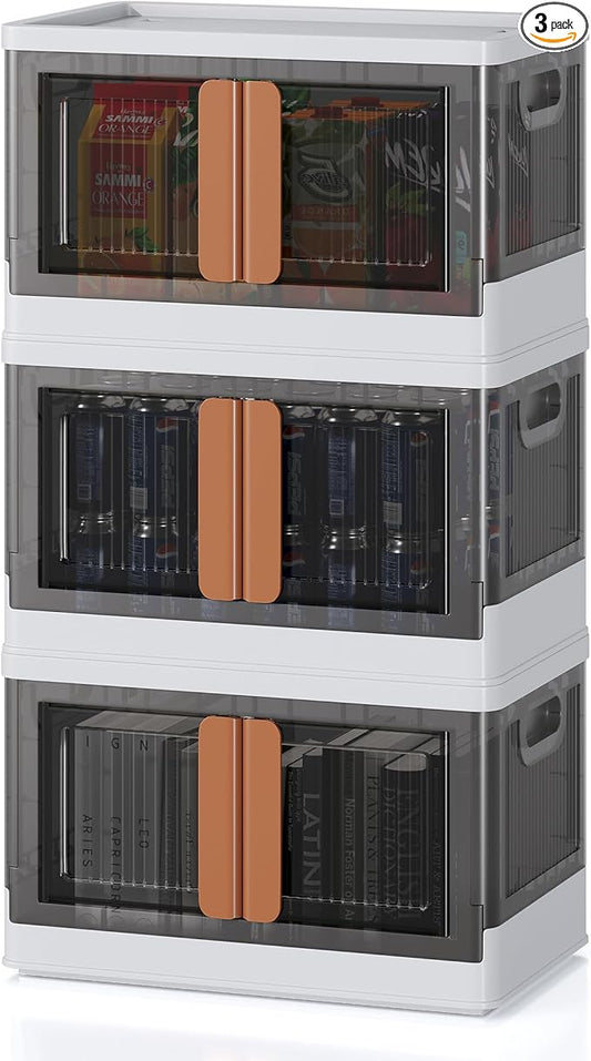 8.4Gal Collapsible Storage Bins with Lids & Wheels - 3 Pack Stackable with Doors, Heavy-Duty Plastic Containers for Home/Office, White