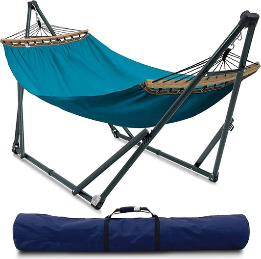 Tranquillo Canvas Hammock with Stand Heavy-Duty, Hammock Quick Fold Unfold Steel Frame Hammock, Portable Hammock Stand Spreader Bar, 600 lbs Capacity Portable Relaxation Gear, Blue