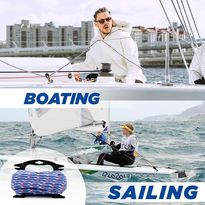 Braided Polypropylene Rope, 5/16" x 50FT, Blue/White/Red - Multi-Purpose for Camping, Hiking, Climbing, Boating & Securing Gear