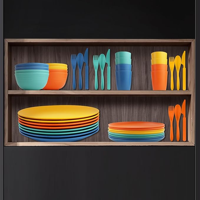 64-Piece Service for 8 Dinnerware Set - Unbreakable Wheat Straw Dinnerware sets of 64 - Dinner plates/Snack plates/Cereal bowls/Drinking Cups/Cutlery for Outdoor camping and indoors.Colorful