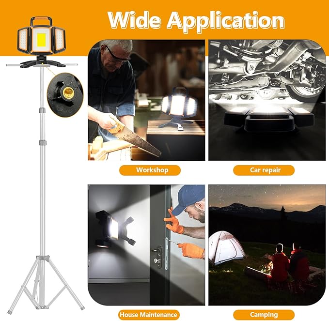 30W Rechargeable Work Light, 3000 Lumen Magnetic Work Light Battery Powered, Waterproof Portable Cordless Job Site Lighting for Construction Site, Workshop, Garage, Camping, and Car Repairing