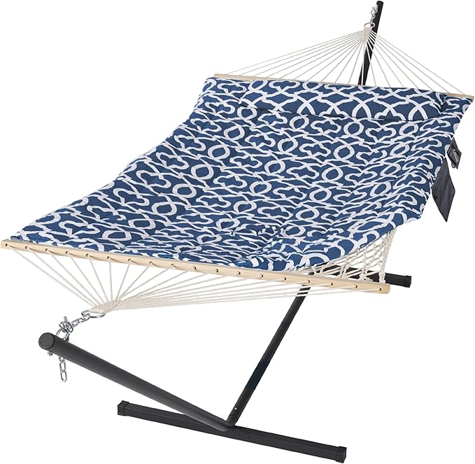 SUNCREAT Double Portable Hammock with Stand Included, 475 lbs Capactiy, Extra Large Two Person Hammock, Blue Pattern