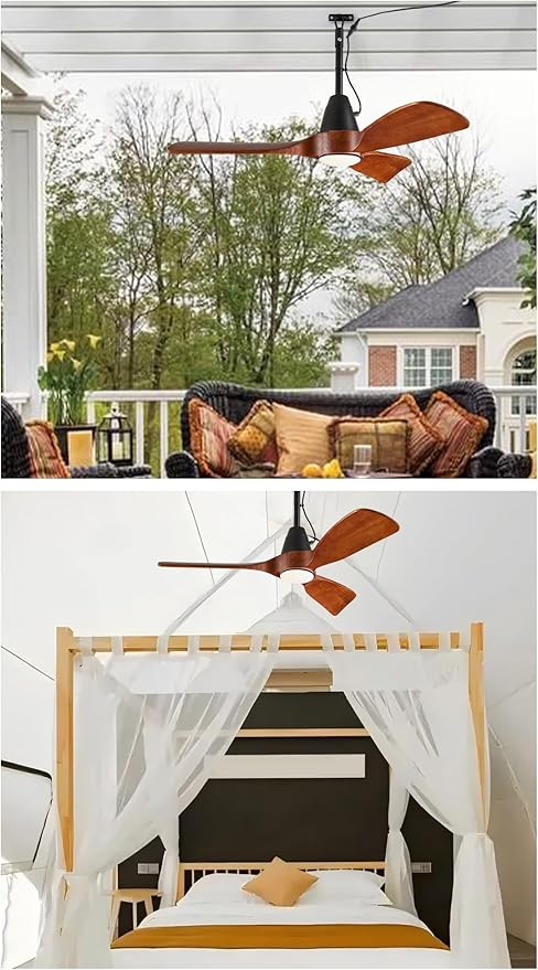 3 Blades Wood Outdoor Ceiling Fan with Light for Patios, Farmhouse Rustic Ceiling Fans with Lights, 42" Plug-in Wet Rated Outdoor Gazebo Fan for Exterior House Porch Patio, Waterproof,F248