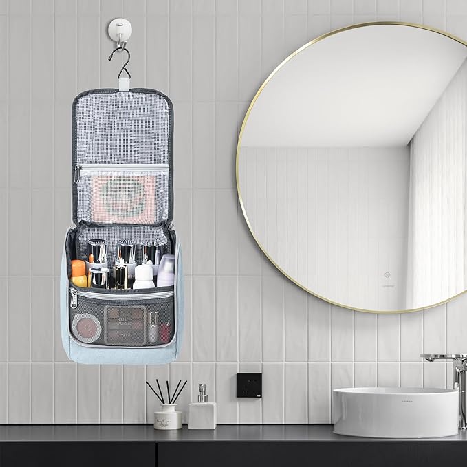 Della Gao Travel Toiletry Bag, Hanging Toiletry Bag for Men and Women, Water-resistant Makeup Bag Cosmetic Toiletries Organizer, Bathroom Bag, Sturdy Nylon, Light Blue