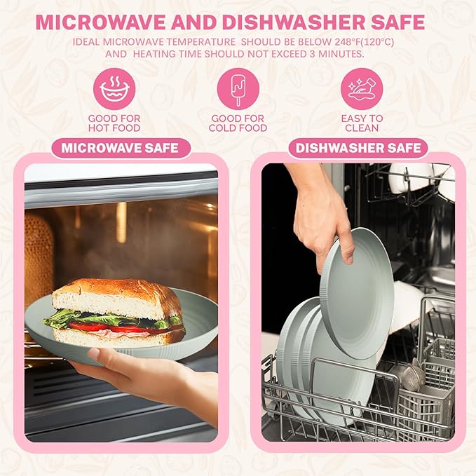 Homienly Wheat Straw Plates, Dinner Plates with Unique Texture Set of 8, Alternative to Plastic Plates, Plate Set for Kitchen, Camping, Unbreakable Microwave and Dishwasher Safe Plate- Light Grey