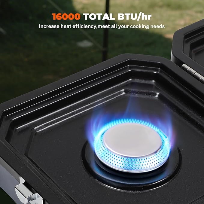 Dollate 2-Burner Propane Stove with Griddle and Carrying Bag, Portable Foldable Camping Stove with 2 Adjustable Burners 16000 BTUs,for Camping Tailgating Essentials Gear (Blue)