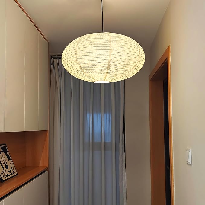 Hytsoeee(19.69Inch) Handmade Paper Lamp Shade, Creamy White Oval Hanging Lantern Lampshade,Modern Folding Ceiling Light Cover for Bedroom, Living Room, Dining Room, Corridor