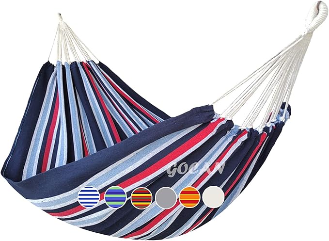 Brazilian Double Hammock 2 Person Extra Large 220x160cm Total Length 330cm Load 500lb Canvas Cotton Hammock for Patio Porch Garden Backyard Lounging Outdoor and Indoor(Dark Blue)