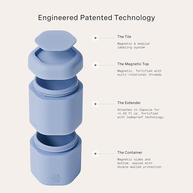 Cadence Travel Containers - Full Skincare Set - Magnetic Containers with Lids,Carry On Travel Essentials For Women/Men - 2 Small (0.56oz), 4 Medium Capsules (1.32oz), & Extender (1.43oz) - Pacific