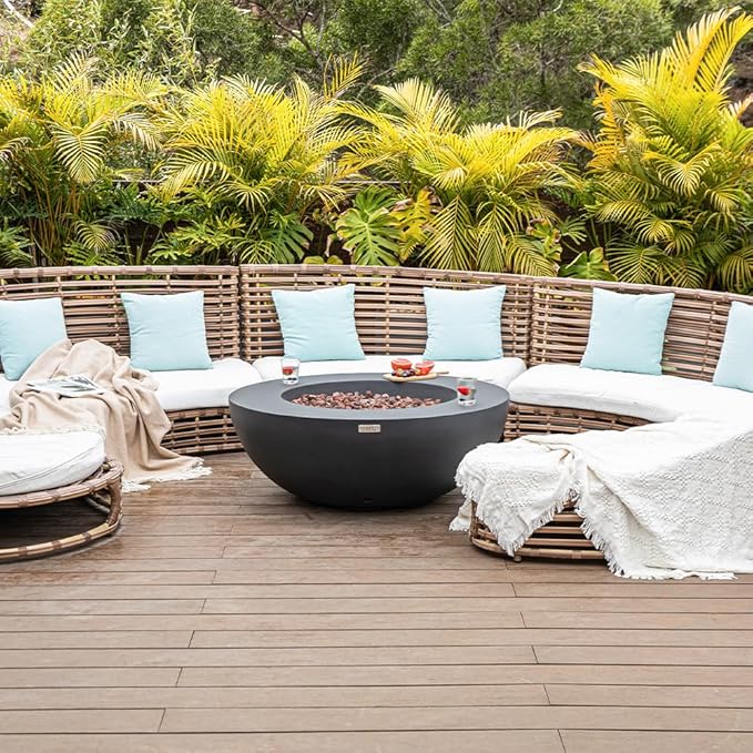 Elementi Lunar Bowl Dark Grey Fire Pit Bundle Outdoor Firepit Set Includes 42” Natural Gas Concrete Firepit, Glass Windscreen, Stainless Steel Cover, Canvas Cover, Floor Mat, Hammock, Beverage Tub