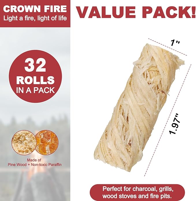 Fire Starters for Fireplace Indoor, and Outdoor Use - Natural Firestarter for Pizza Oven, Fire Pit - Fire Starters for Campfires - Charcoal Starter - 32 Rolls