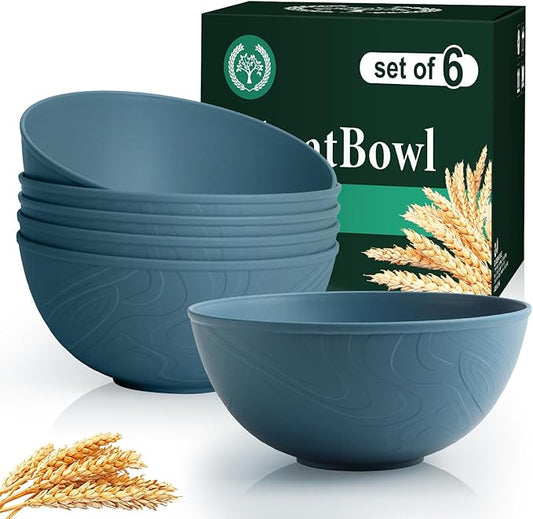 Homienly Bowls for Kitchen, Premium Wheat Straw Bowl 6 PCS, Unbreakable LIghtweight Salad Bowl with Texture, Alternative to Plastic Bowls Reusable, Microwave and Dishwasher Safe, Freezer Safe- Blue