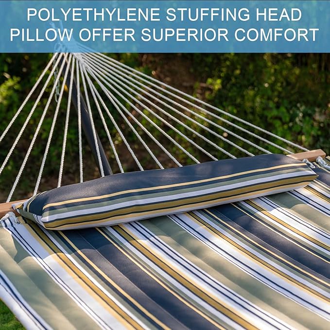 Lazy Daze 12 FT Quilted Fabric Hammock with Spreader Bar, 2-Person Double Hammock for Outside Patio Poolside Backyard Beach, 450 lbs Capacity, Forest