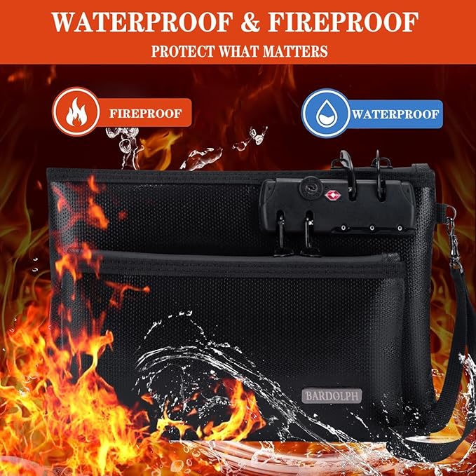 Fireproof Money Bag with Lock, Double layer Cash Bag BankBag for Cash, Valuable StorageBag,Fireproof Safe Box Money Pouch with Zipper (black, Small)