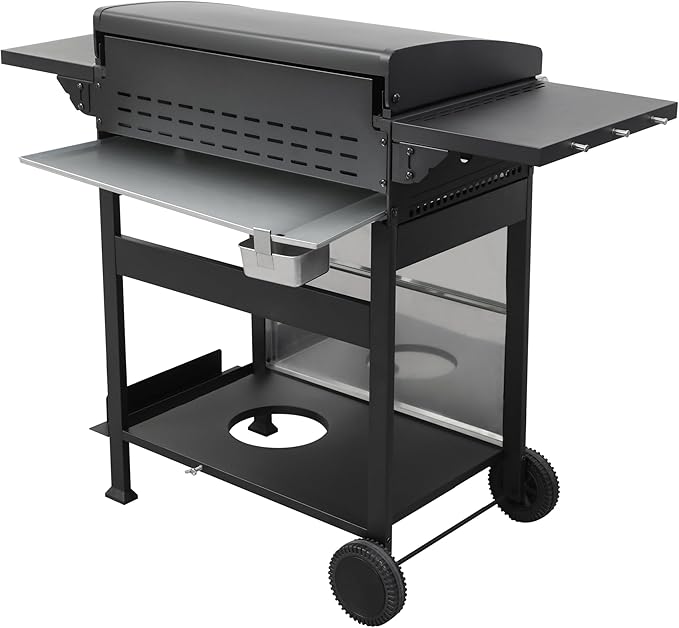 4-Burner Propane Gas BBQ Grill, SS Plancha, 49200BTU Output With Wire Enamel Cooking Grids For Outdoor Barbecue,Stainless Steel Foldable Side Table,Hanging Basket,Black Silver