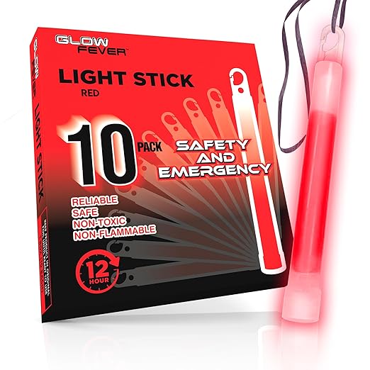 Glow Fever Emergency Safety Military Grade Glow Sticks; 10pcs, 6" Ultra Bright Glow Sticks with 12 Hours Duration. Great for Hiking, Party, Camping, Blackouts, Hurricane and Survival Kits (Red)