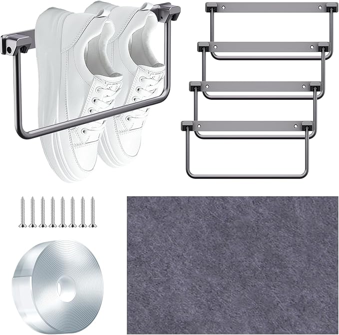 4PCS Foldable RV Shoe Rack with Wall Protector Double-sided Tape Wall-Mounted Aluminum Camper Shoe Storage Organizer Shelf for Various Shoes