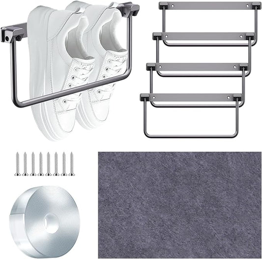 4PCS Foldable RV Shoe Rack with Wall Protector Double-sided Tape Wall-Mounted Aluminum Camper Shoe Storage Organizer Shelf for Various Shoes