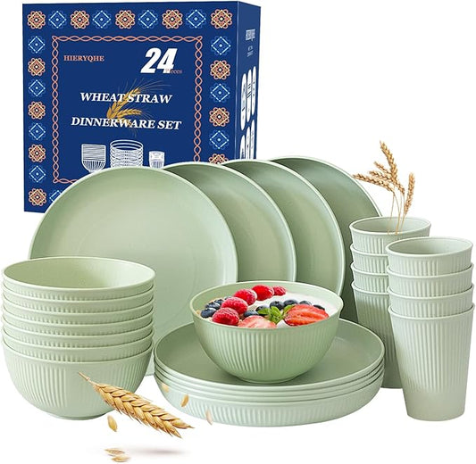 24pcs Wheat Straw Dinnerware Sets For 8, Unbreakable Plates and Bowls Wheat Straw Dinnerware Microwavable Cups Plates and Bowls Sets Shatterproof For Outdoor Kitchen Camping