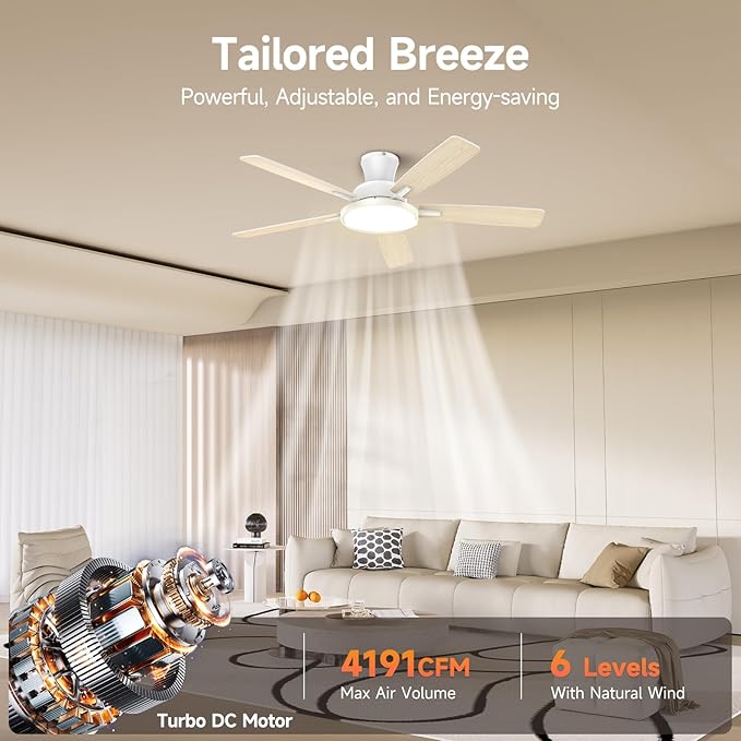 TALOYA Ceiling Fans with Lights and Remote, 52 inch Low Profile Ceiling Fan with Nightlight, Flush Mount, Reversible, 3CCT, Dimmable White Modern Ceiling Fan for Bedroom, Living Room, Outdoor Patio