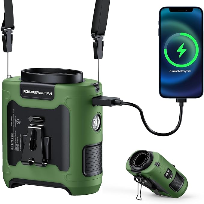 AI Portable Waist Fan Rechargeable 10000mah Belt Shirt Clip On Fan For Body Cooling That Blow Cold Air 5 Speeds Flashlight Up To 40H