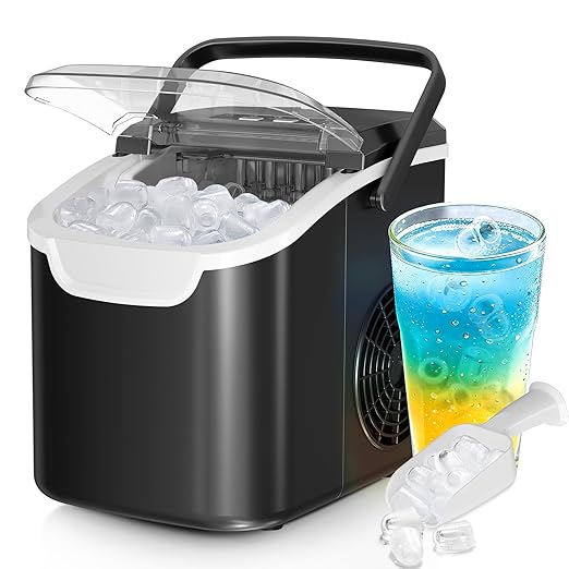 Countertop Ice Maker Machine – 8 Bullet Ice in 6 Mins, 26.5lbs/24Hrs Output – Self-Cleaning Portable Design with Selectable Ice Size & Touch Display for Home/Office/Bar