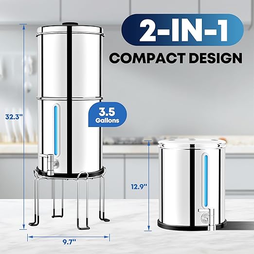 3.5 Gallon Gravity Water Filter System with 3 Stage 0.001μm Ultra-Filtration, Stainless Steel Water Filtration System, Include 3 Filters, Metal Stand&Spigot, Reduce 99.99% Chlorine - 2025 Upgraded