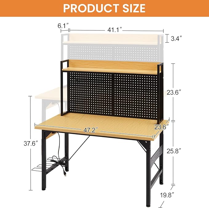 48'' Adjustable Workbench with Pegboard, Heavy Duty Wooden Desktop Workbench with Wheels, 2000 lb. Load Capacity, Rolling Workbench with AC/USB Outlet, Hooks, Shelf, for Garage, Workshop, Office, Home