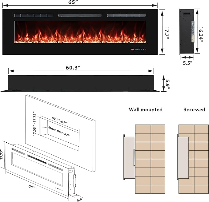 65 Inch Electric Fireplaces Inserts, Recessed & Wall-Mounted Fireplace Heater with Thermostat, Multicolor Flames,Timer, Log & Crystal, 750/1500W Black