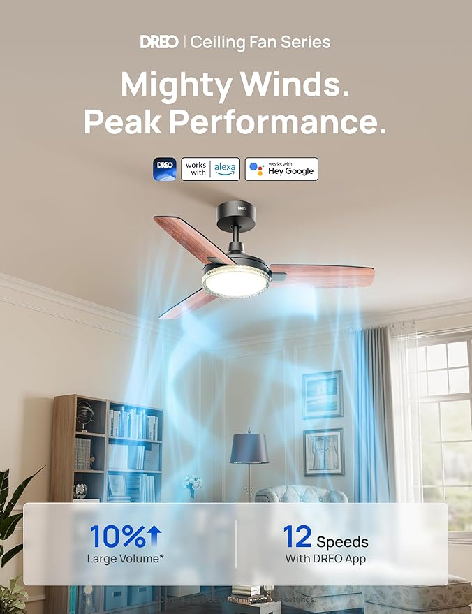 Dreo Smart Ceiling Fans with Lights, 42 Inch Black Ceiling Fan, 12 Speeds & 3 Fan Modes, Stepless Color Tones, Dimmable LED Light, 1-12H Timer, Quiet DC Motor, Remote/APP/Alexa/Wall Switch Control