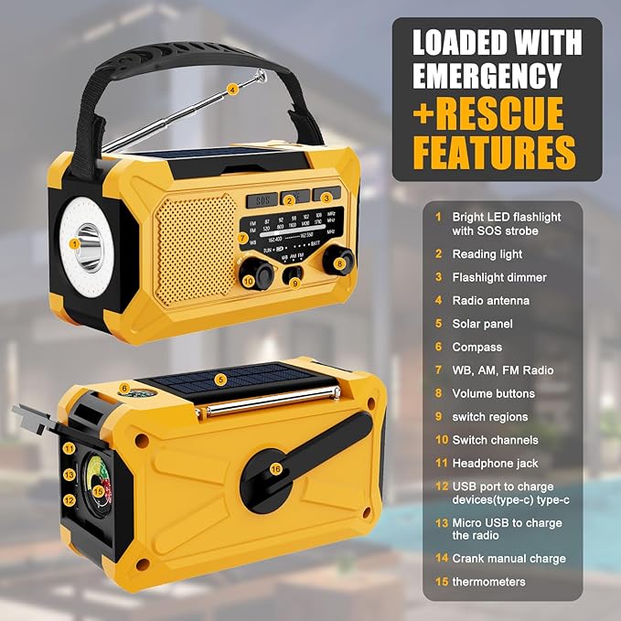 10000mAh Emergency Hand Crank Radio with LED Flashlight, AM/FM NOAA Portable Weather Alert Radio, Solar Powered with Phone Charger, USB Charged, Headphone Jack, SOS Alarm, Compass (Yellow)