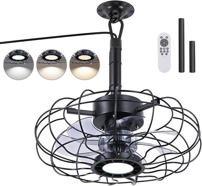 15" Outdoor Ceiling Fans with Lights and Remote,Black Waterproof Gazebo Fan, Plug in Ceiling Fan with 3 Color LED Light, Portable Hanging Gazebo Fans with Plug in Cord Hook for Patios