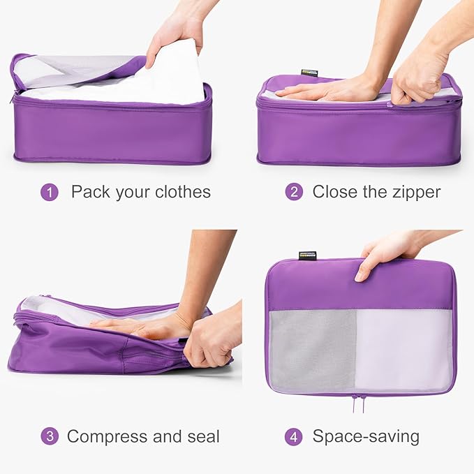 6 Set Compression Packing Cubes for Travel Essentials, Luggage Organizers for Suitcases (Bright Purple)